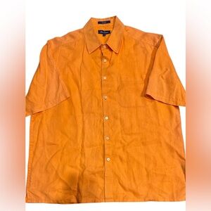 Alan Flusser Shirt Mens Large Orange 100% Linen Button Up Short Sleeve Pocket